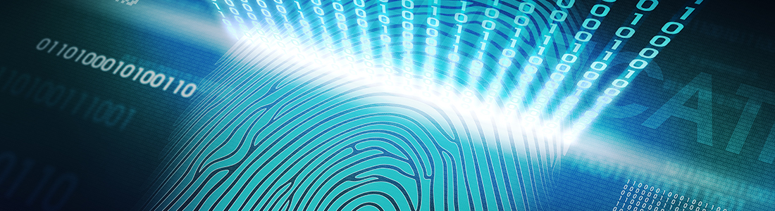Fingerprints against a blue background and encrpytion symbols to represent Biometrics