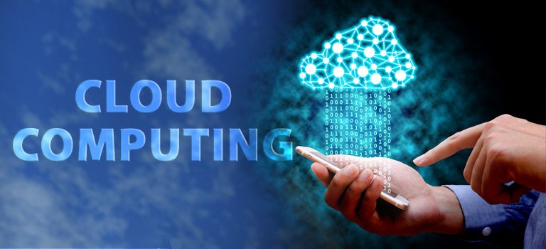 A cloud is raining information onto a hand holding a cell phone as a metaphor for Cloud Computing