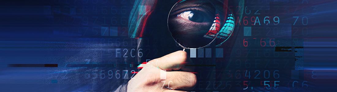 Cyber man investigating data breach holds a magnifying glass up to his eye, man is made of pixels and abstract colors and code