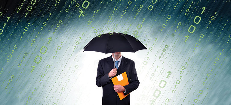 A man in a suite stands with an umbrella as binary code rains down. The photo is a metaphor for Cybersecurity Insurance.
