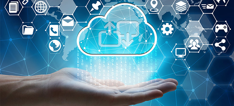 hand holding cloud connected to apps, raining information, cybersecurity services