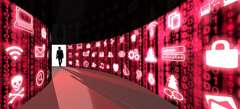 Man walking down red hallway with icons, threat intelligence abstract