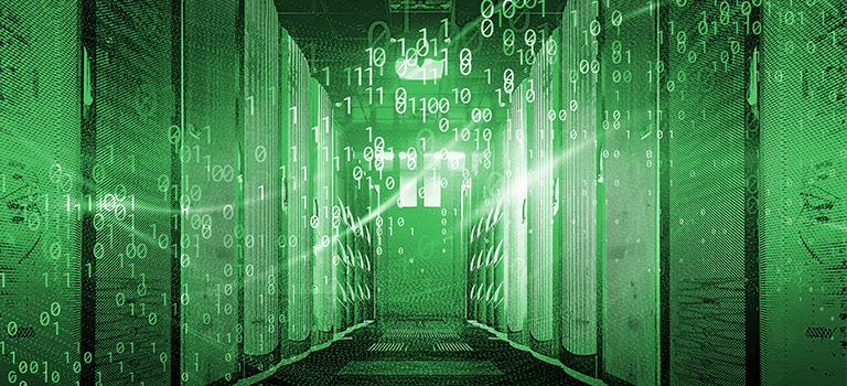 National Cyber Security Awareness Month, binary code particles and neon glowing cyber wave. in modern server room