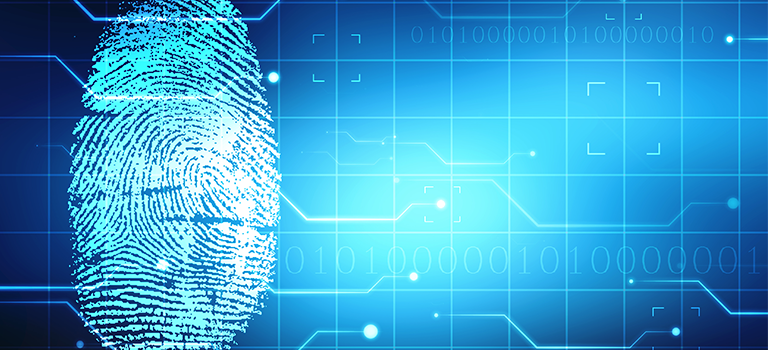 Fingerprint on blue background, digitally connected, computer forensic analysis tools