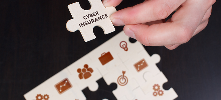 Puzzle piece being placed in a puzzle. The piece is labeled Cyber Insurance.
