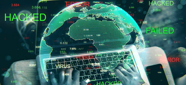 Cyber Threats, Close Up Of Hands Using Hacked Device On Blurry Background With Globe. Attack And Computing Concept.