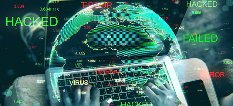 Cyber Threats, Close Up Of Hands Using Hacked Device On Blurry Background With Globe. Attack And Computing Concept.