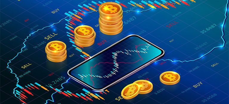cryptocurrency abstract, phone with bitcoins around it, graphs, blue